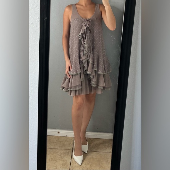 Gray rosette tiered ruffle mesh mini dress M fairycore coquette brunch soft girl - Picture 3 of 16